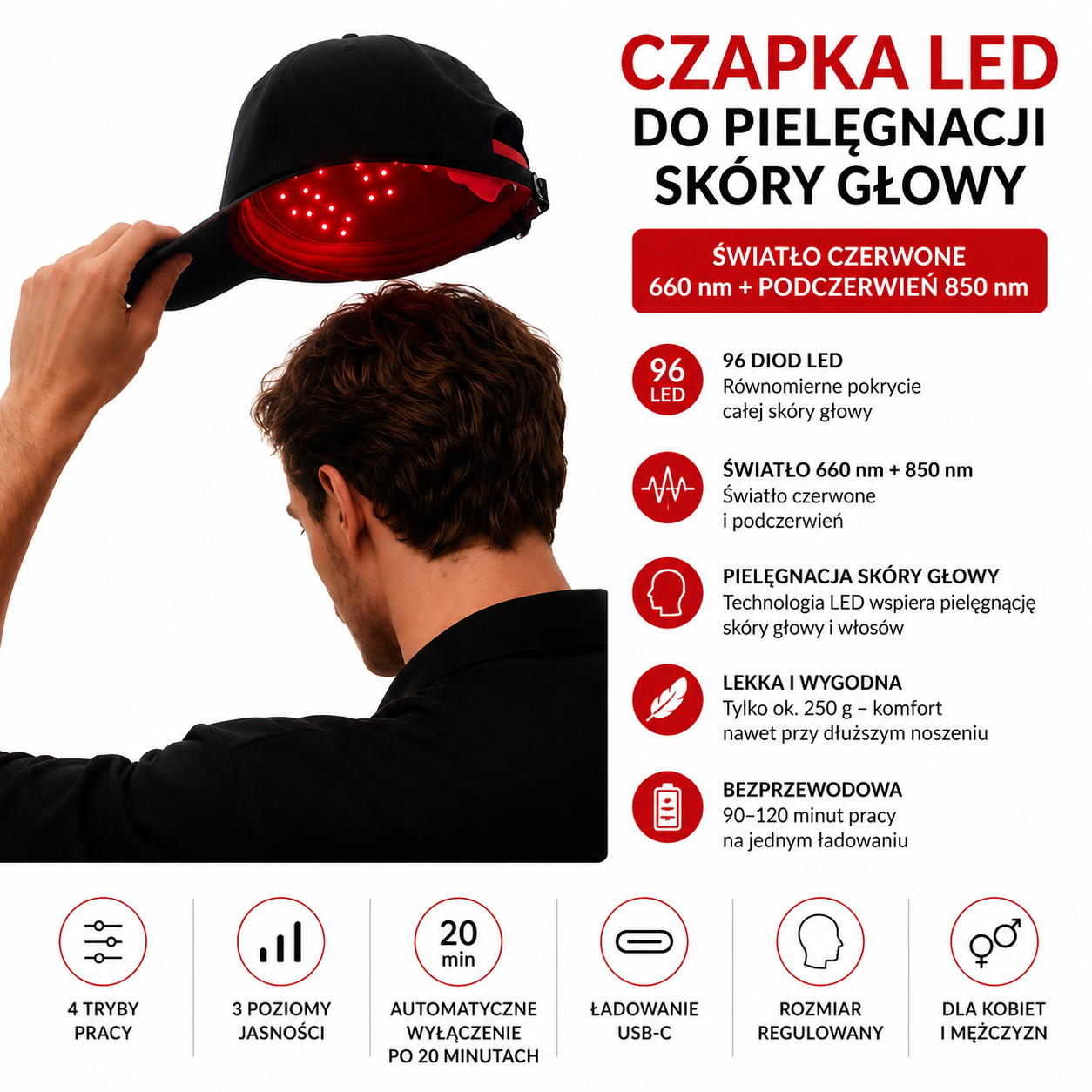 CZAPKA LED DO PIELĘGNACJI SKÓRY GŁOWY – ŚWIATŁO CZERWONE 96 DIOD
